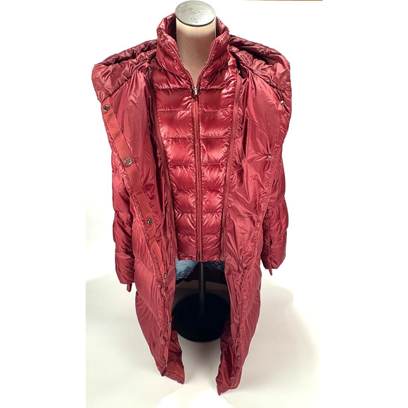 Athleta Down Puffer Coat LARGE Burgundy Hooded Quilted Long Parka Jacket - Picture 6 of 11